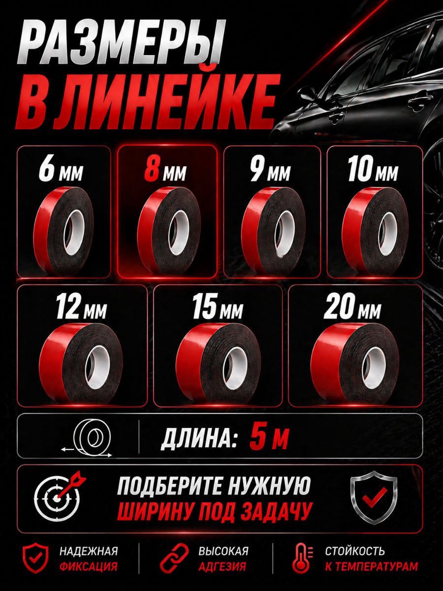 30320 Клейкая лента двухсторонняя 8 мм x 5 м акриловая вспененная для авто и универсального монтажа 7