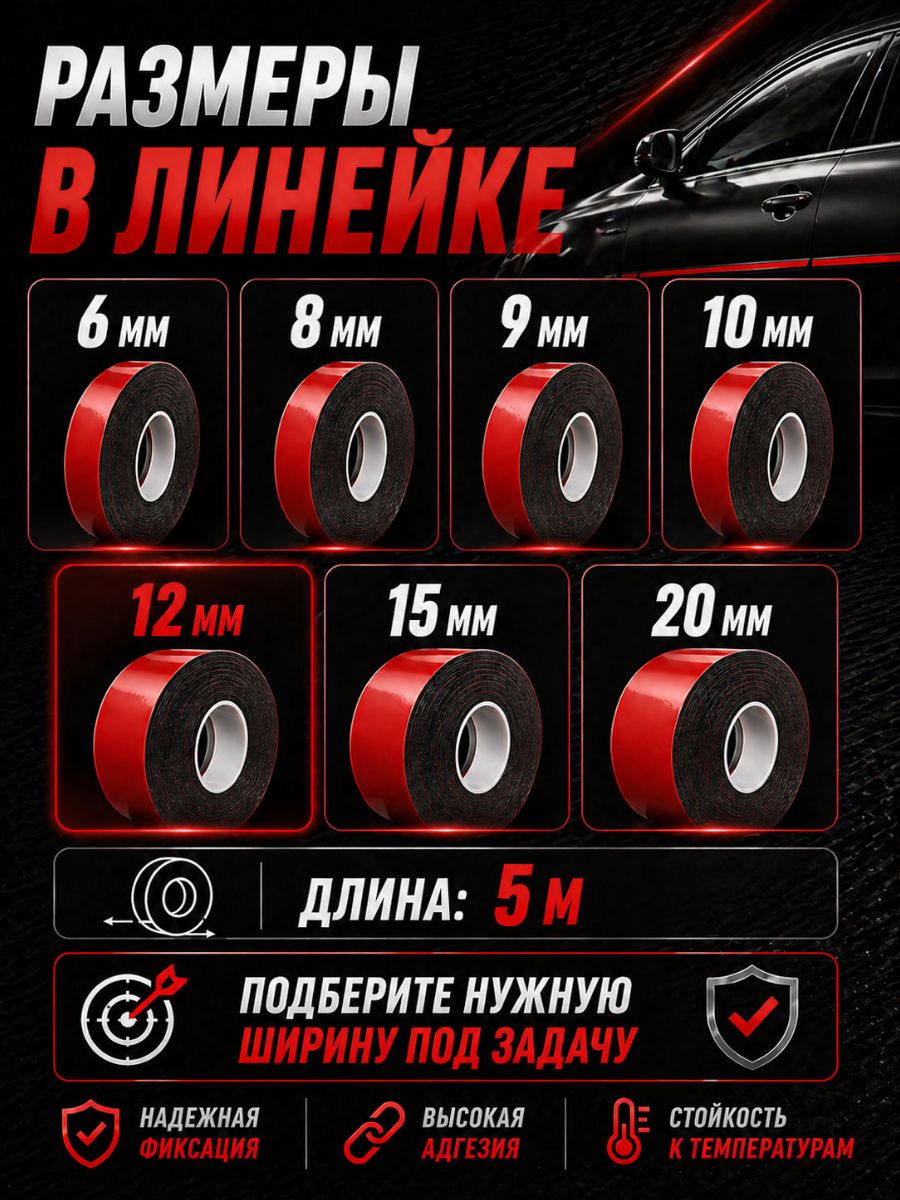 30321 Клейкая лента двухсторонняя 12 мм x 5 м акриловая вспененная для авто и универсального монтажа 7