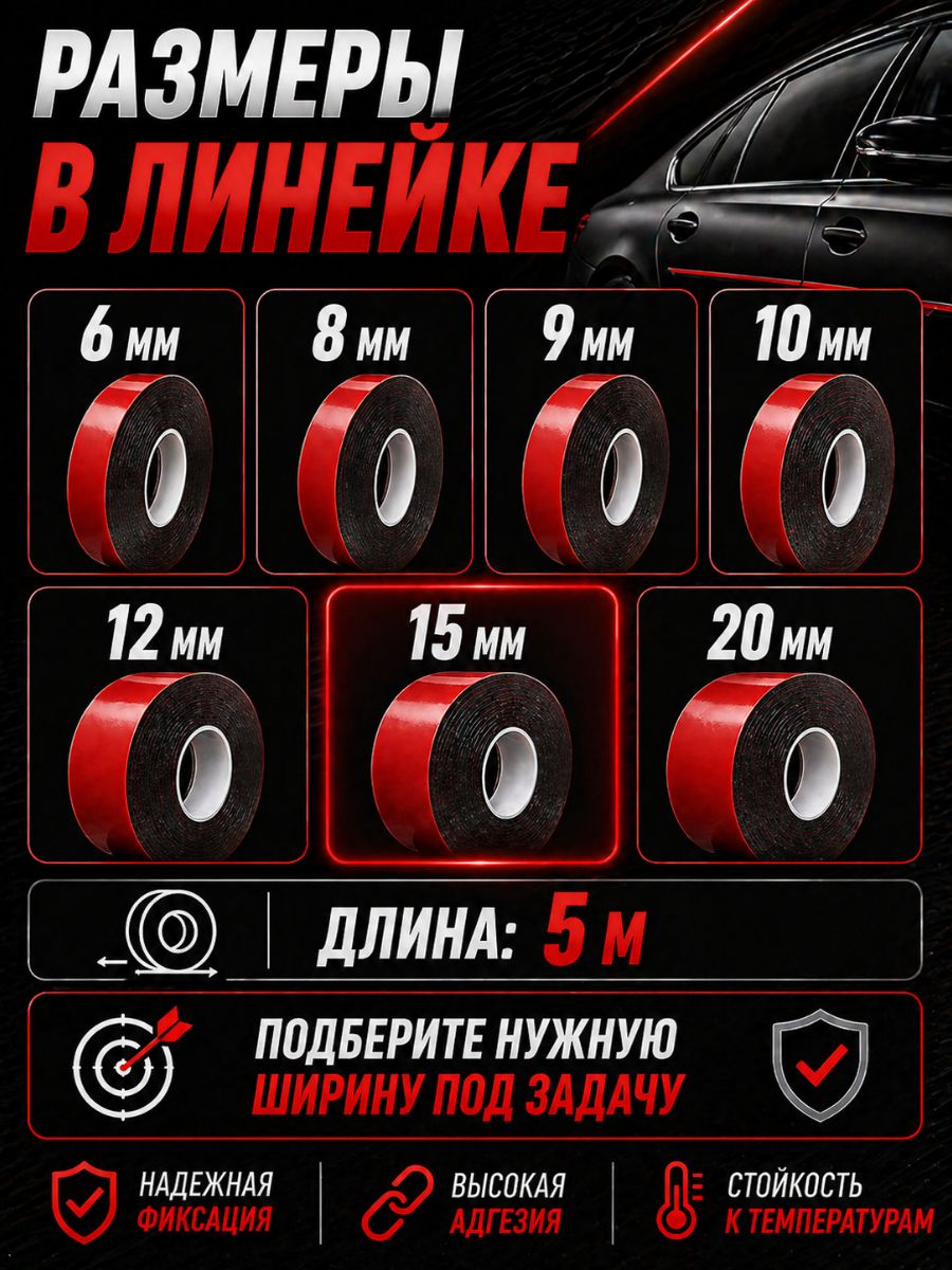 30322 Клейкая лента двухсторонняя 15 мм x 5 м акриловая вспененная для авто и универсального монтажа 7