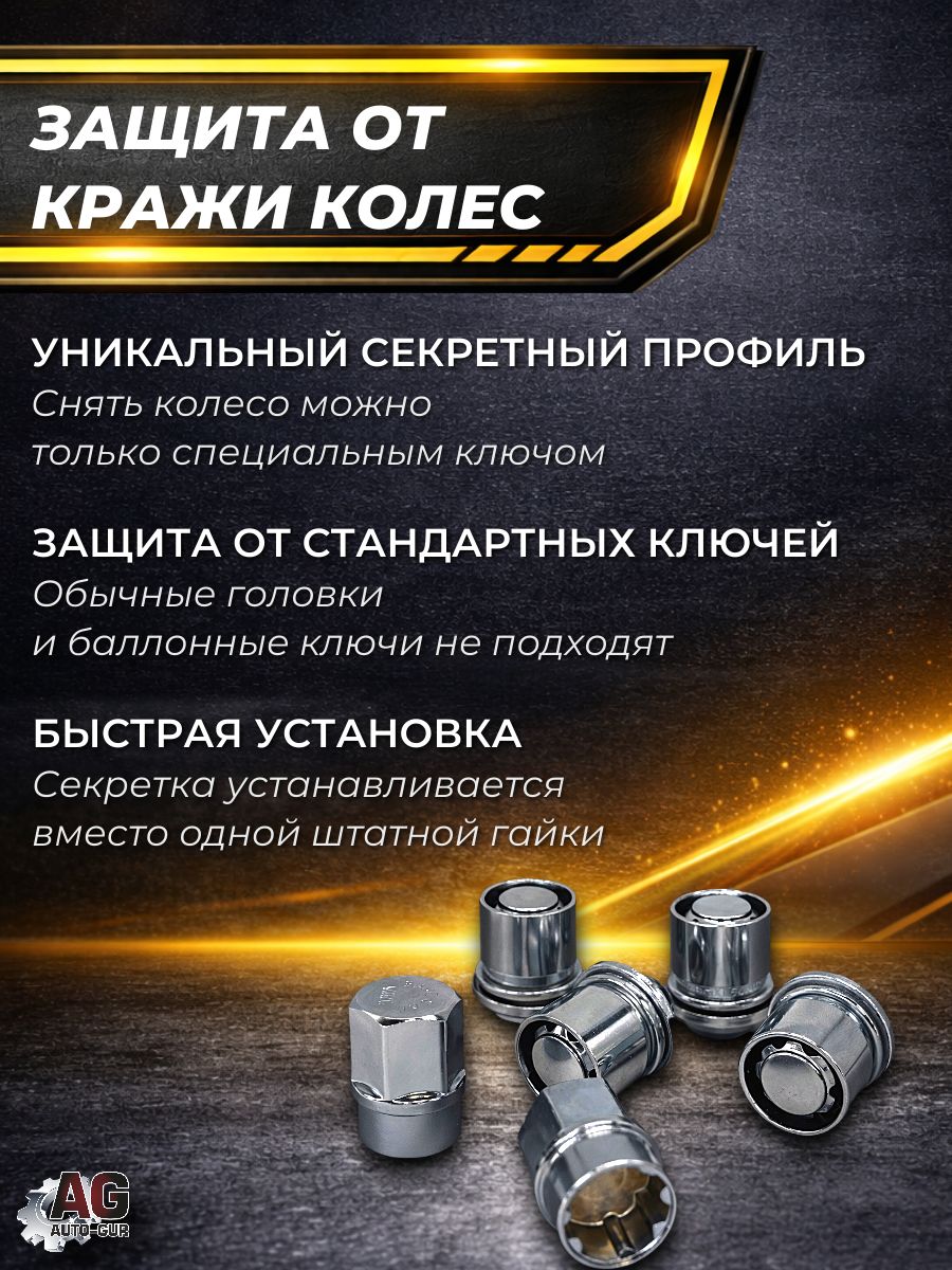 AG26587KIT Гайки секретные M12x1.5 пресс-шайба ключ 21 комплект 4 шт 2 ключа 3
