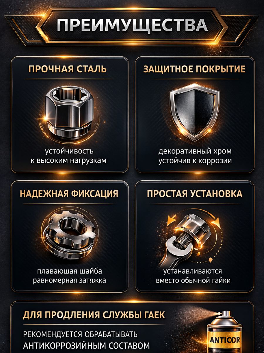 AG26587KIT Гайки секретные M12x1.5 пресс-шайба ключ 21 комплект 4 шт 2 ключа 6