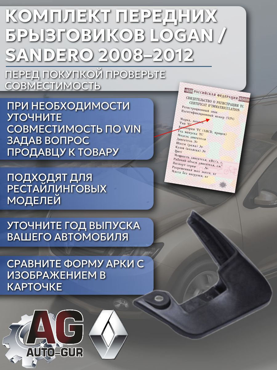 AG550350 Брызговики передние увеличенные Renault Logan Sandero MCV 2008-2012 рестайлинг 2 шт 6001998601A/6001998601B 5
