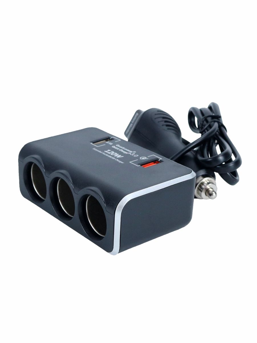 DYQ009 Разветвитель прикуривателя автомобильный 3 гнезда 2 USB 3