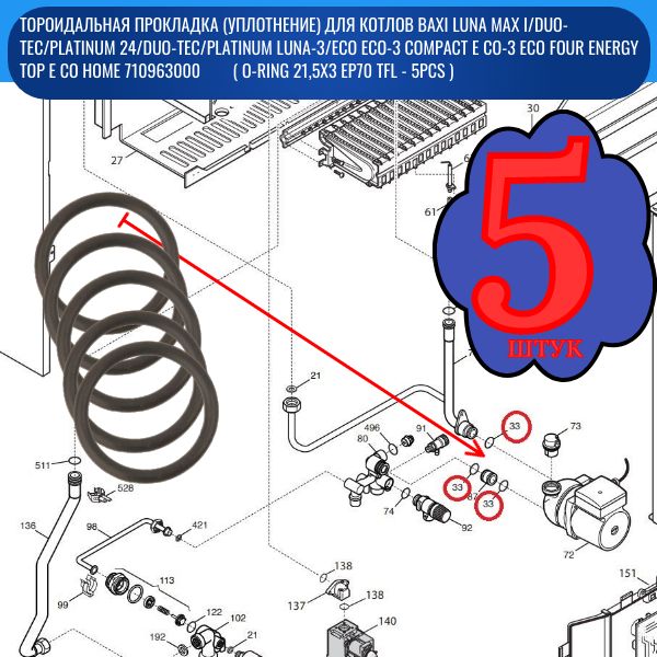 RR614/5 Тороидальная прокладка (уплотнение) 5 шт для котлов Baxi Luna Max i RR614/5