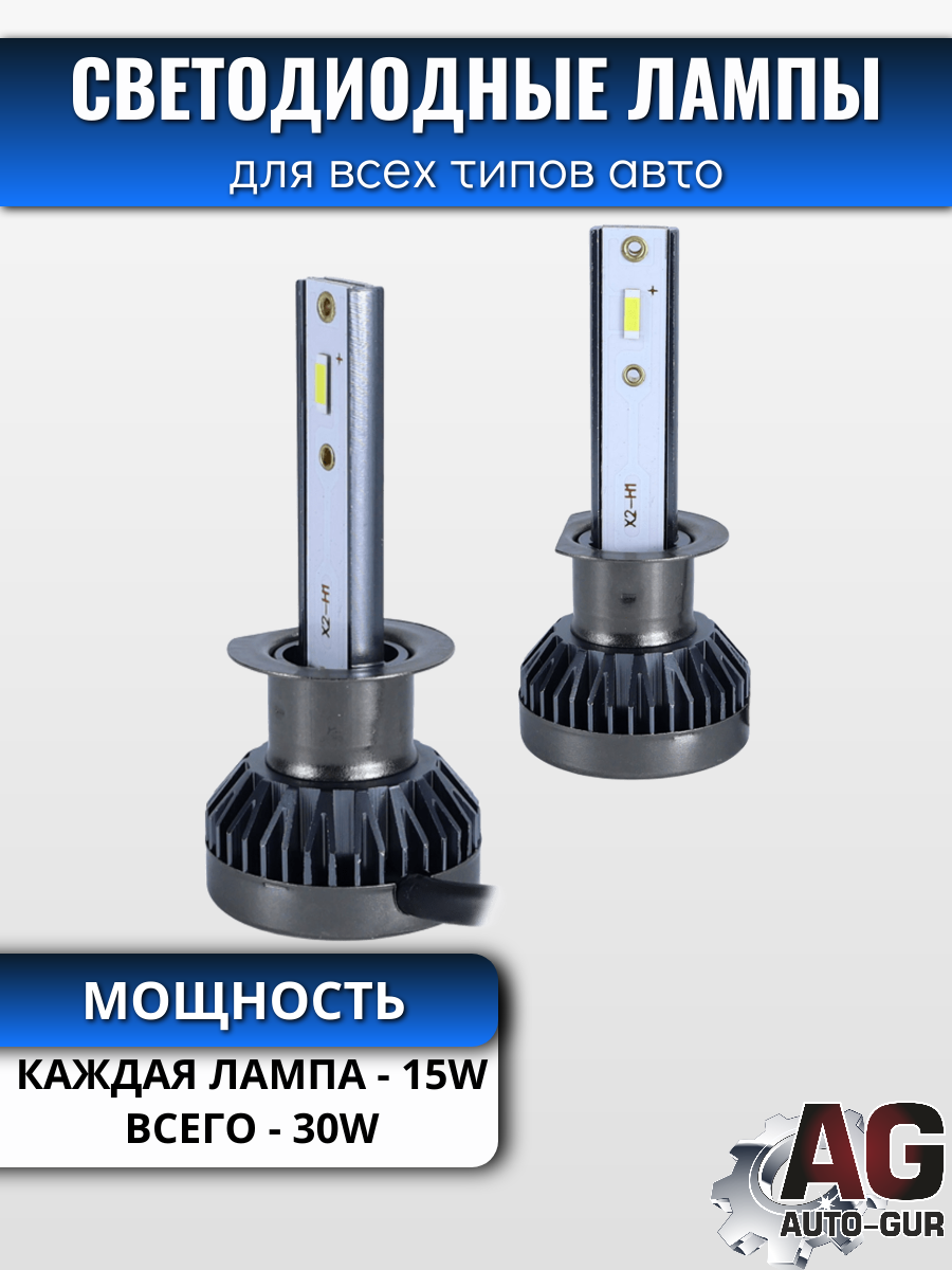 Светодиодные лампы H1 (без вентилятора) (2шт) 12V,15W,3000LM,6500K,1860 чип 2