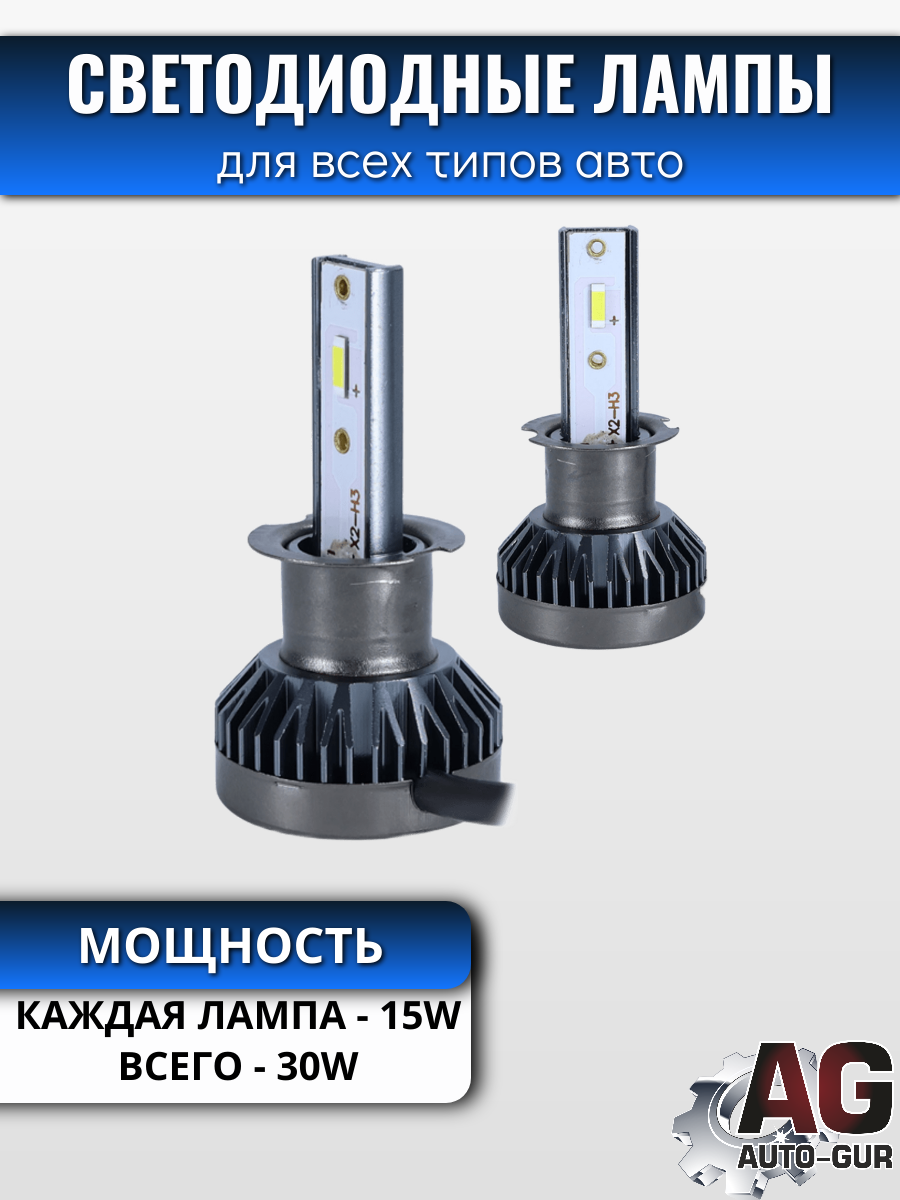 Светодиодные лампы H3 (без вентилятора) (2шт) 12V,15W,3000LM,6500K,1860 чип 2