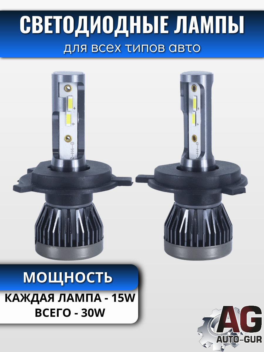 Светодиодные лампы H4 (без вентилятора) (2шт) 12V,15W,3000LM,6500K,1860 чип 2