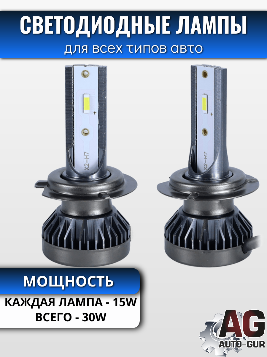 Светодиодные лампы H7 (без вентилятора) (2шт) 12V,15W,3000LM,6500K,1860 чип 2