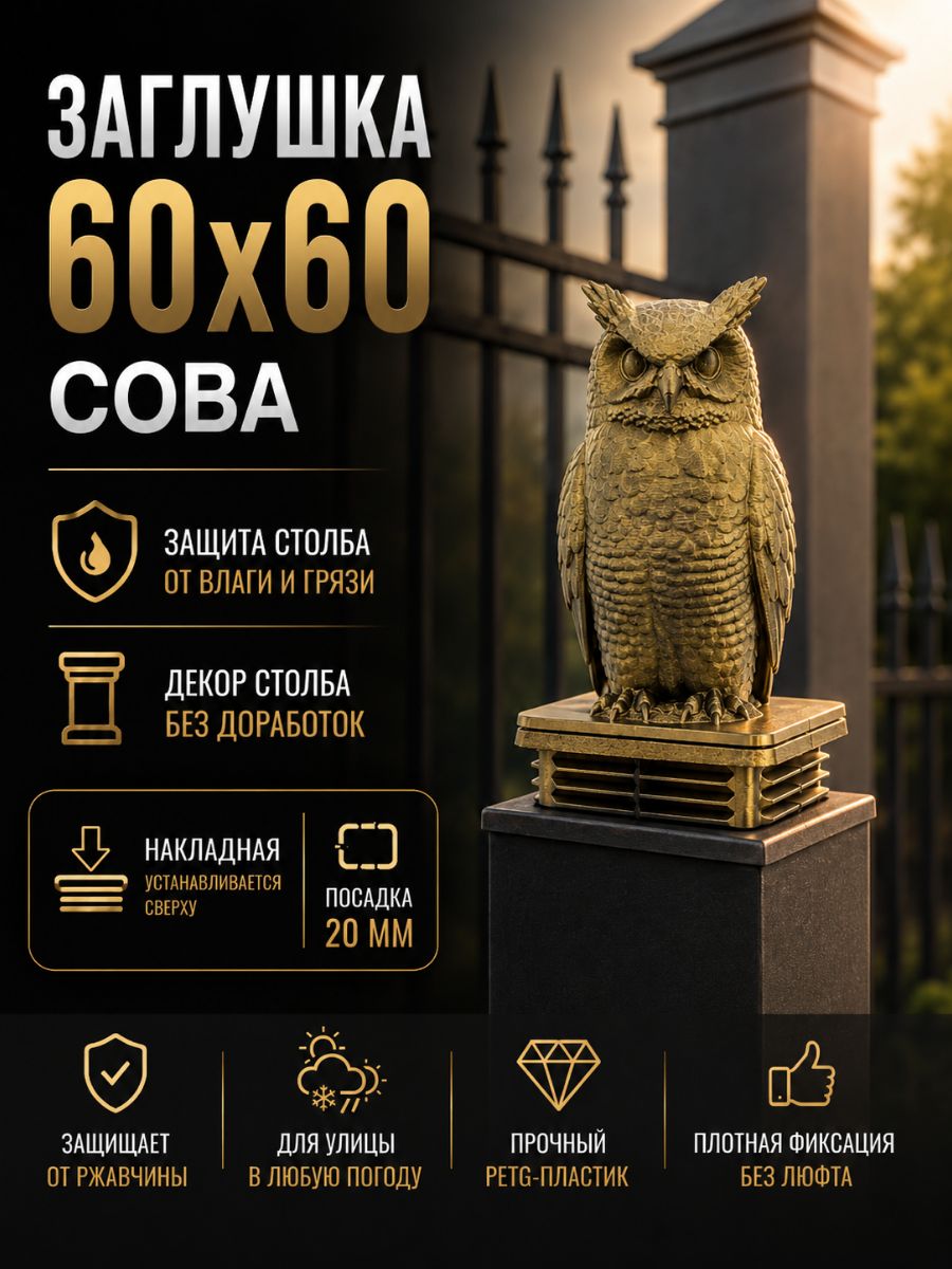 ZZ207 Заглушка для профильной трубы 60x60 мм Сова декоративная, колпачок на столб, навершие, черный бронза Auto-Gur ZZ207